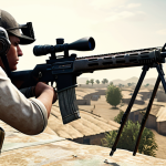 **

A PUBG Mobile player skillfully aiming with an M416 rifle, Kar98k sniper rifle slung on their back. They are utilizing the peek & fire technique from behind cover on the Erangel map. The scene conveys focused gameplay and strategic movement.

**