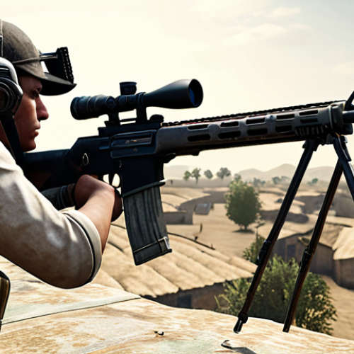**

A PUBG Mobile player skillfully aiming with an M416 rifle, Kar98k sniper rifle slung on their back. They are utilizing the peek & fire technique from behind cover on the Erangel map. The scene conveys focused gameplay and strategic movement.

**